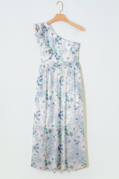 Sky Blue Floral Print Ruffled One Shoulder Vacation Maxi Dress