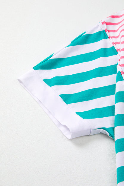 Pink Stripe Mixed Pattern Patchwork Uneven Hem Loose Tee