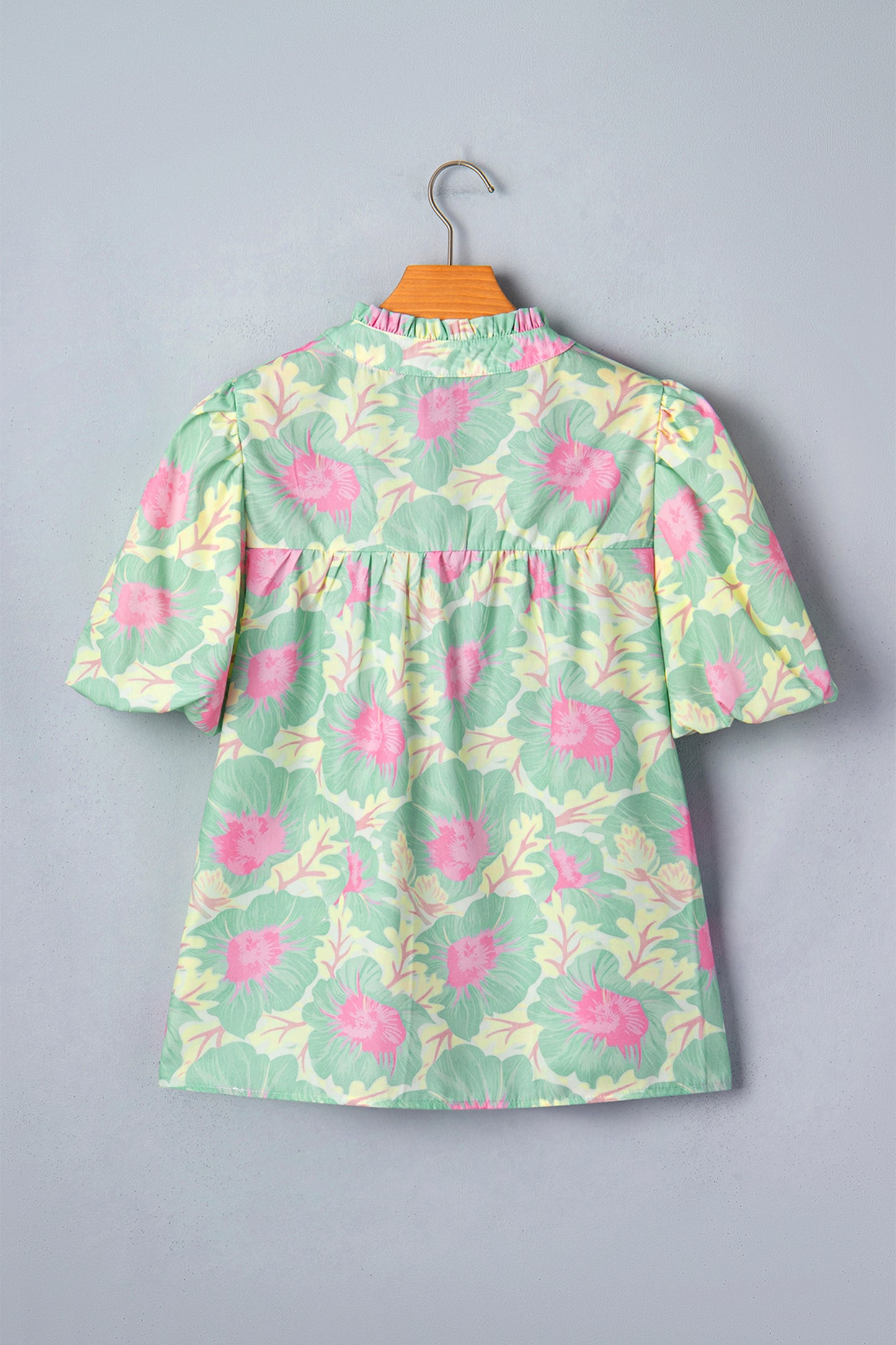 Pink Short Bubble Sleeve Summer Floral Blouse