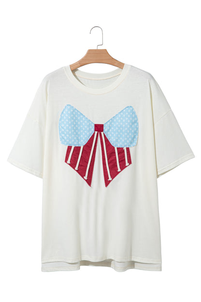 White Distressed Flag Bow Patched Plus Size T Shirt