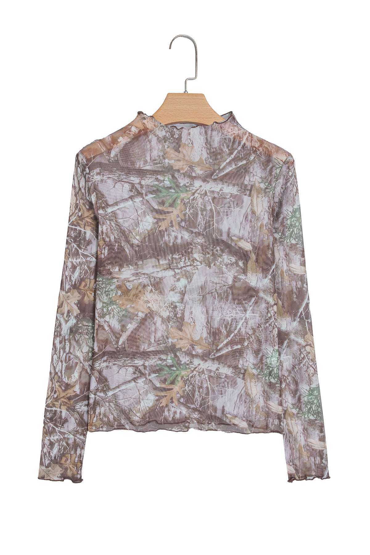 Camel Leopard Print Slim Fit Mesh Long Sleeve Mock Neck Top