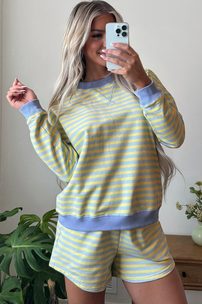 Yellow Stripe Color Block Detail Long Sleeve Pullover Elastic Waist Pull On Shorts 2pcs Set