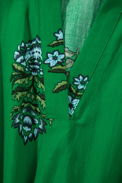 Green Floral Print Split Neck Shirred High Waist Ruffle Hem Maxi Dress