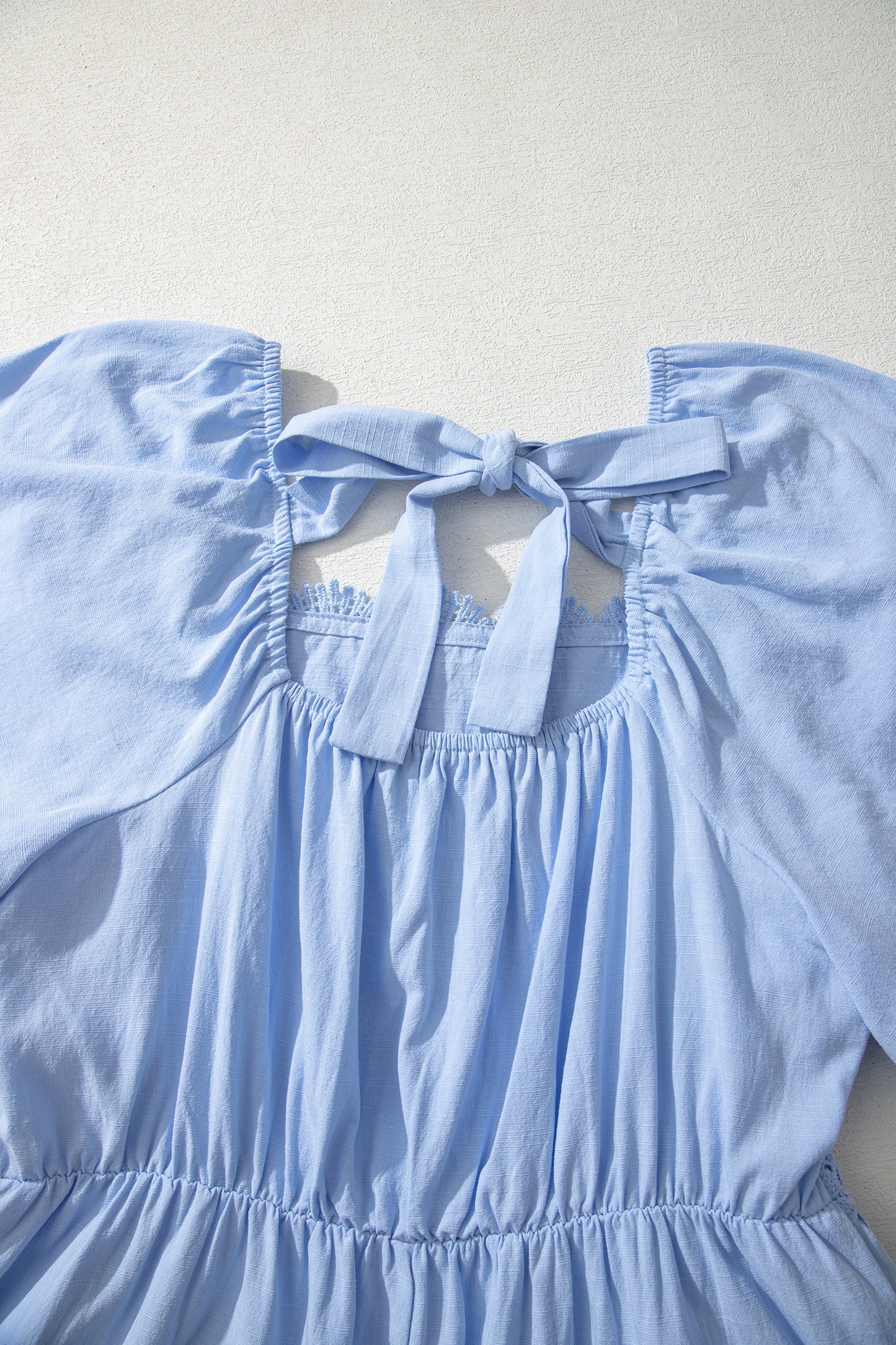 Beau Blue Flowy Short Sleeve Lace Detail Square Neck Tiered Midi Dress