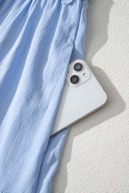 Beau Blue Flowy Short Sleeve Lace Detail Square Neck Tiered Midi Dress