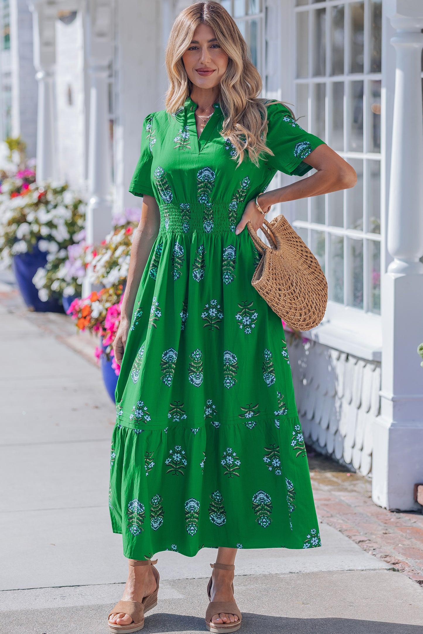 Green Floral Print Split Neck Shirred High Waist Ruffle Hem Maxi Dress