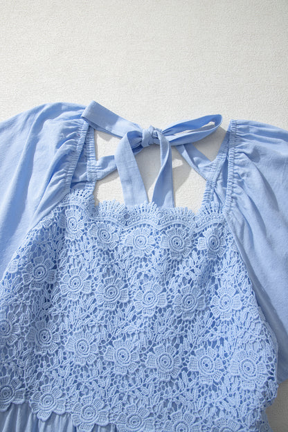 Beau Blue Flowy Short Sleeve Lace Detail Square Neck Tiered Midi Dress