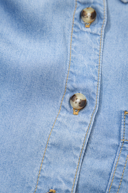 Beau Blue Half Sleeve Button Down Ruffled High Low Chambray Shirt