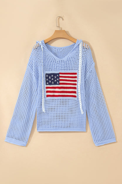 Beau Blue Hollow Out Crochet Knit American Flag Patched Sweater Hoodie