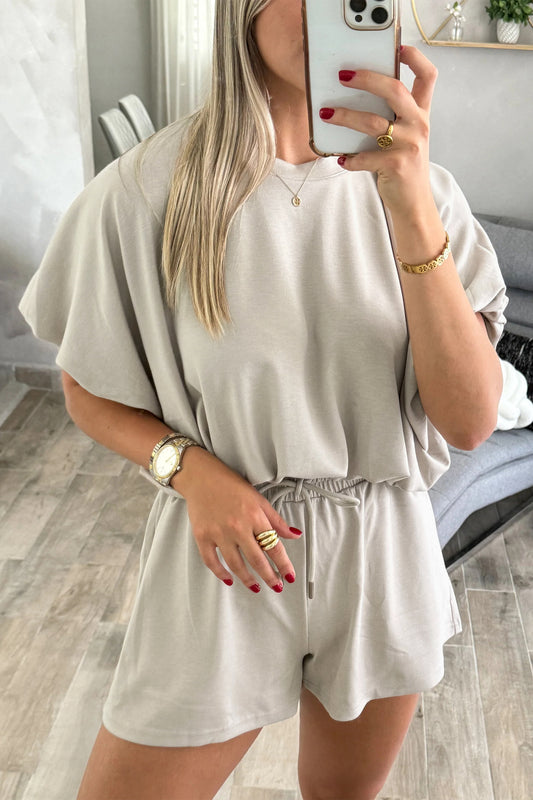 Smoke Gray Solid Color Puffy Loose Top Drawstring Shorts 2pcs Outfit