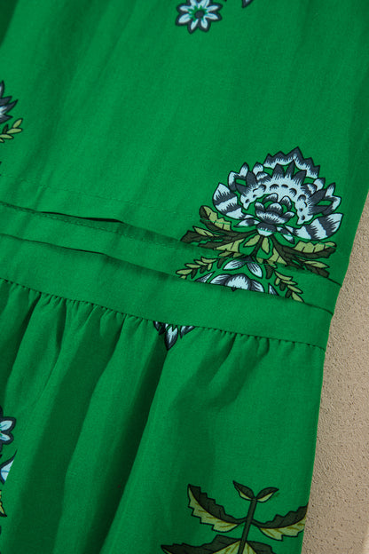 Green Floral Print Split Neck Shirred High Waist Ruffle Hem Maxi Dress