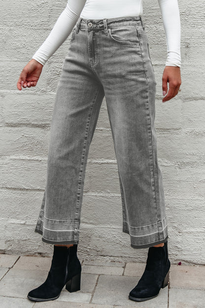 Gray Raw Hem Straight Leg Loose High Waist Jeans