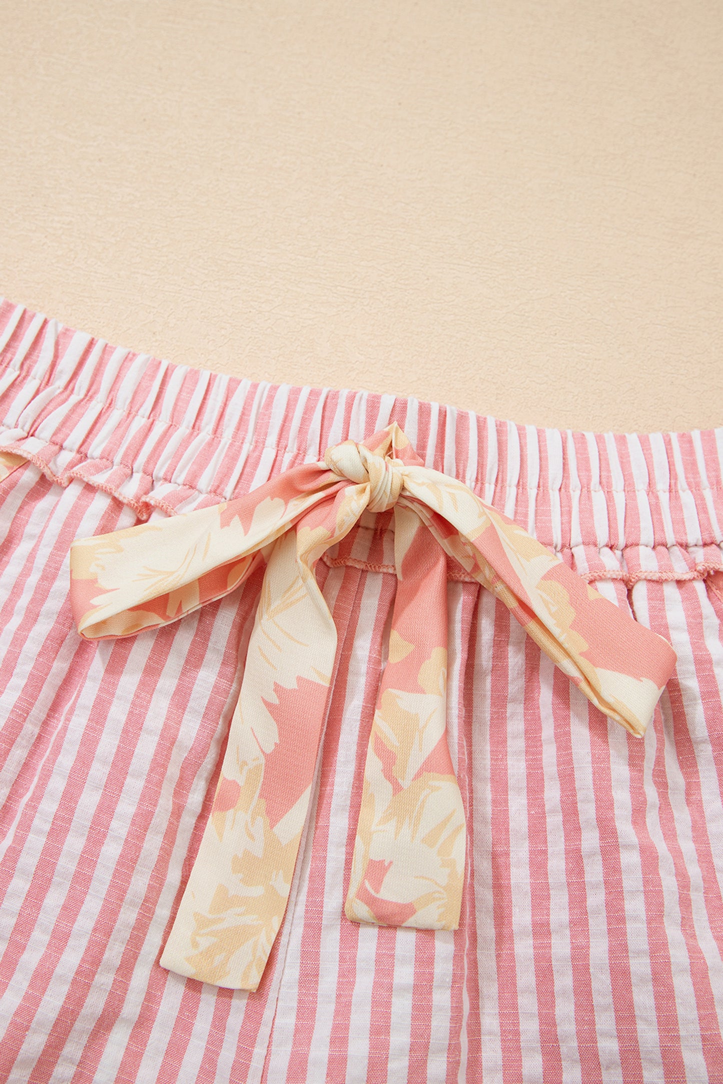 Light Pink Floral Trim Ribbon Knot Striped Casual Shorts
