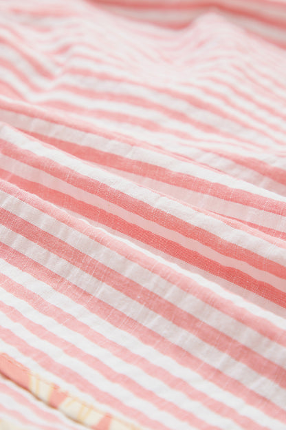 Light Pink Floral Trim Ribbon Knot Striped Casual Shorts