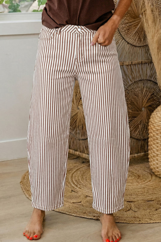 Brown Stripe Casual Barrel Jeans