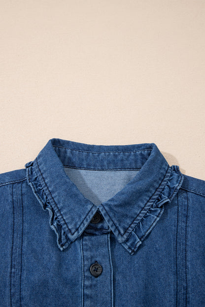 Sail Blue Ruffled Edge Collared Shift Denim Dress with Pockets