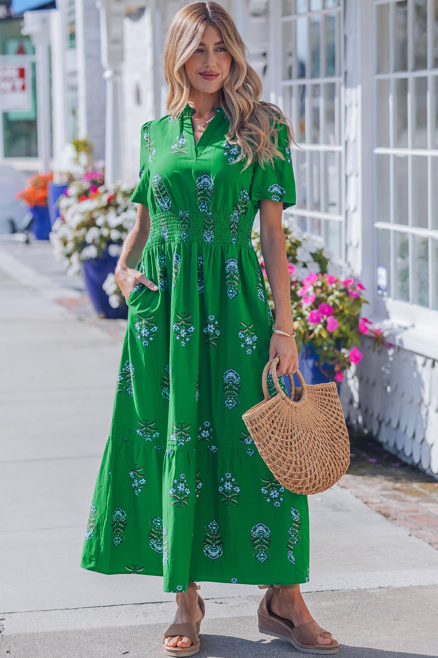 Green Floral Print Split Neck Shirred High Waist Ruffle Hem Maxi Dress