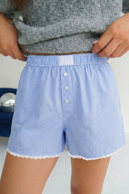 Sky Blue Gingham Plaid Button Detail Lace Trim Boxer Shorts