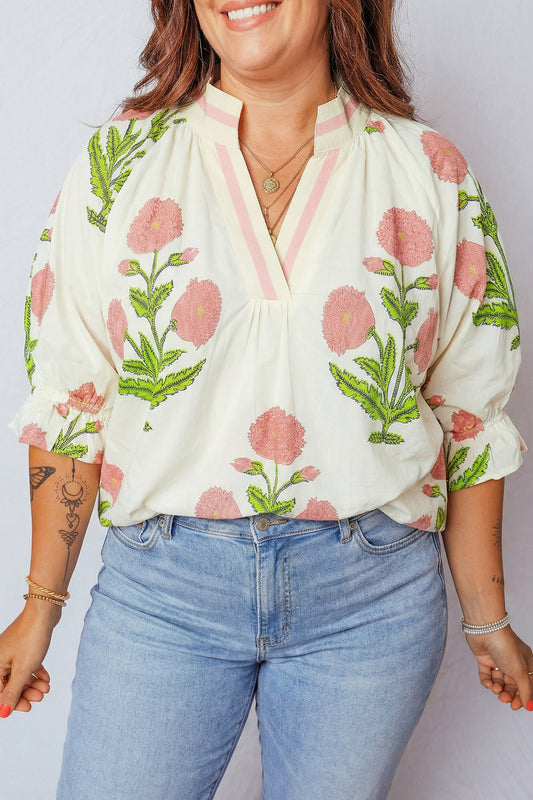 Pink Plus Size Floral Print Striped Trim V Neck Blouse