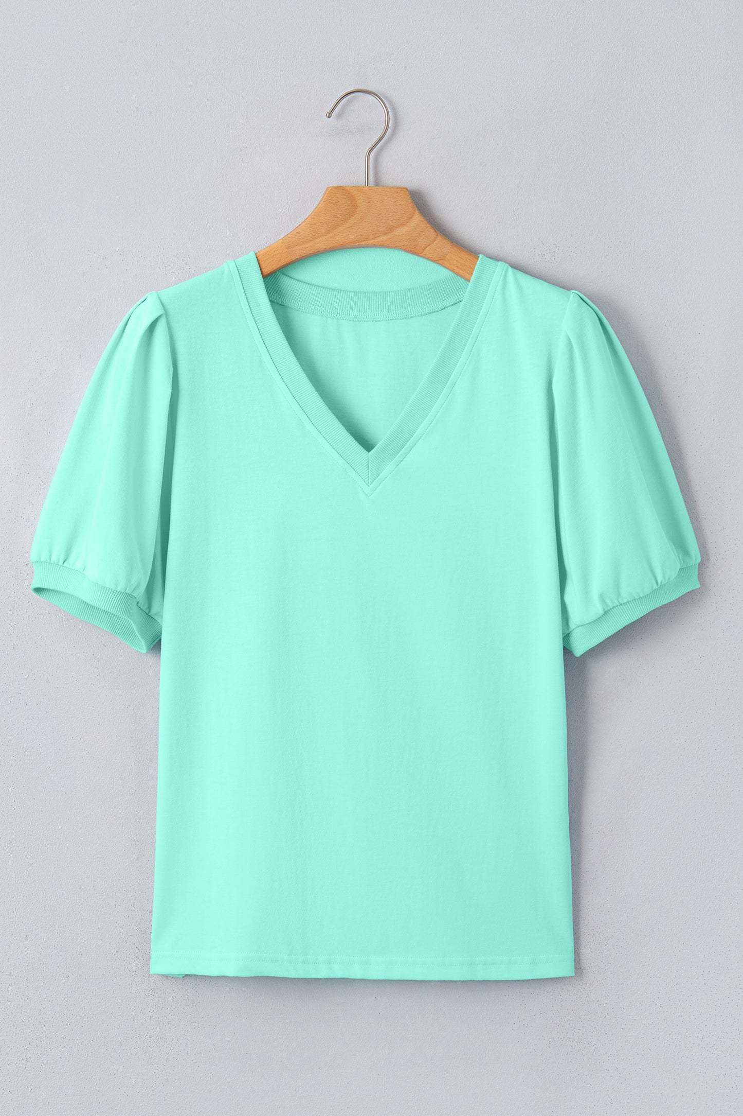 Turquoise Solid Color V Neck Short Puff Sleeve Blouse