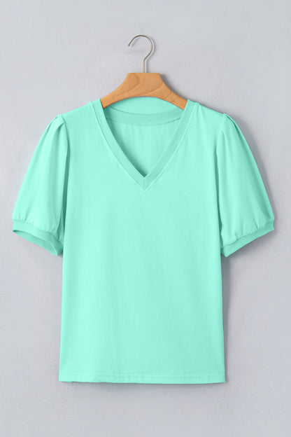 Turquoise Solid Color V Neck Short Puff Sleeve Blouse