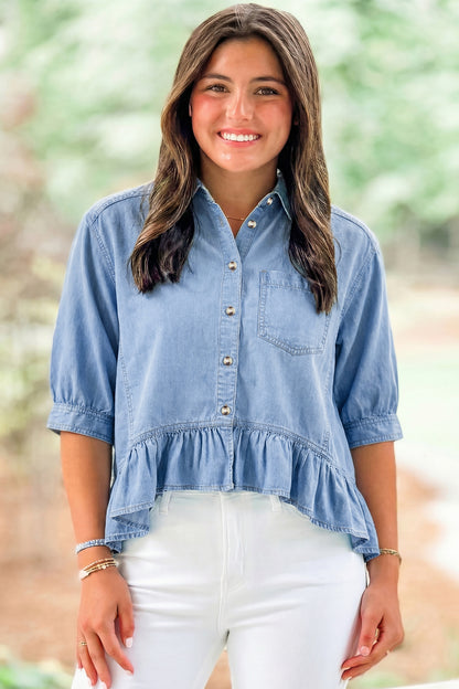 Beau Blue Half Sleeve Button Down Ruffled High Low Chambray Shirt