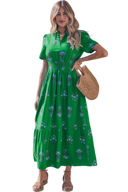 Green Floral Print Split Neck Shirred High Waist Ruffle Hem Maxi Dress