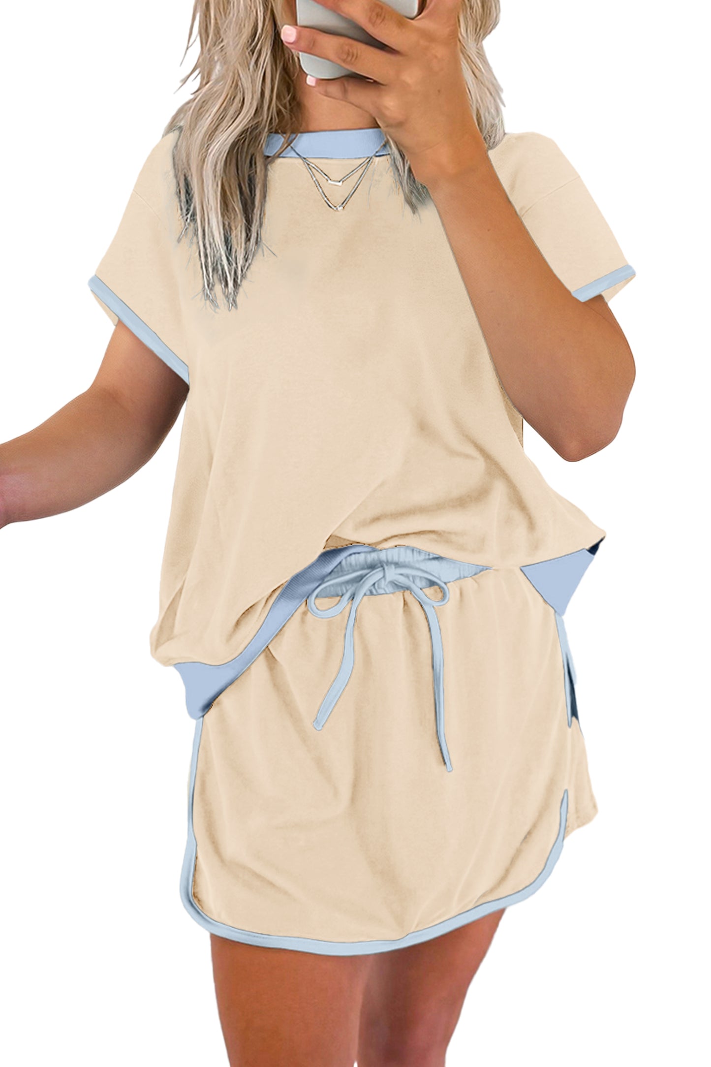 Turquoise Colorblock Edge Drop Shoulder T Shirt and Skort 2Pcs Set