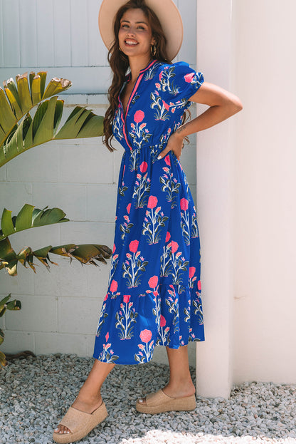 Blue Floral Puff Short Sleeve V Neck High Waist Maxi Dress