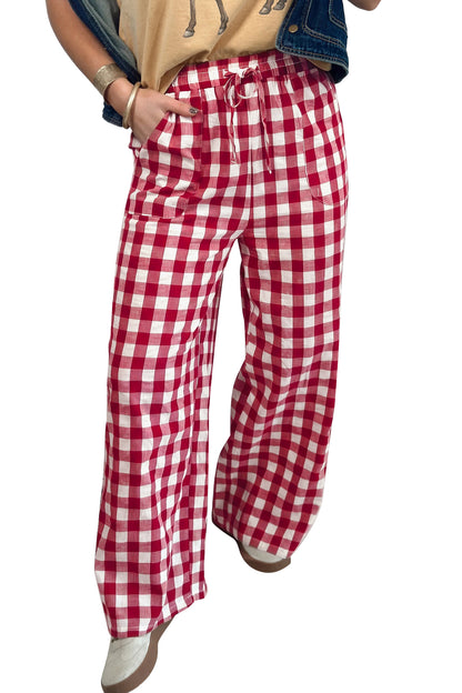 Red Gingham Plaid Tie Elastic Waist Shift Pants