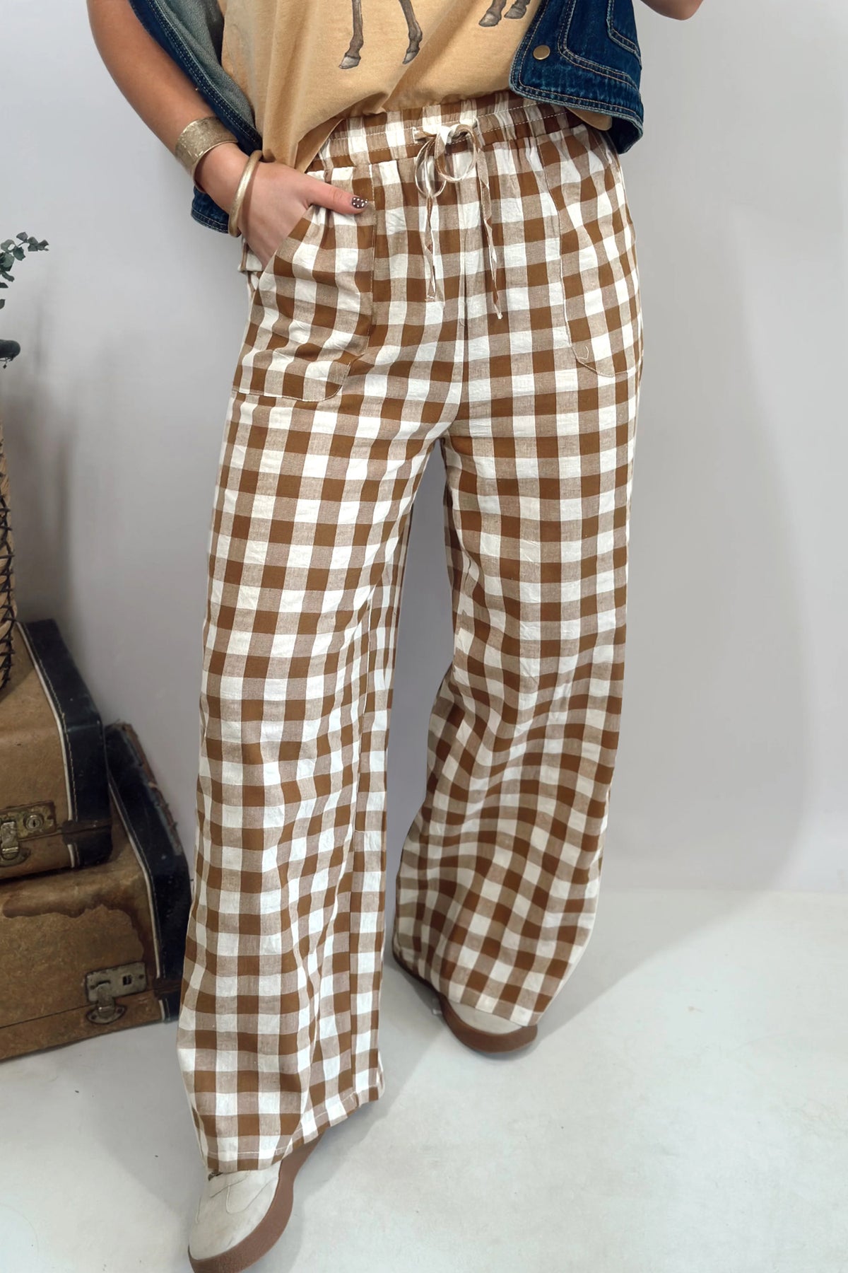Red Gingham Plaid Tie Elastic Waist Shift Pants