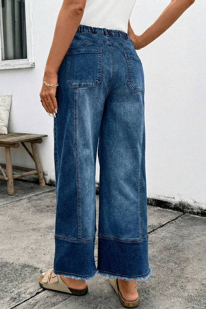 Gray Drawstring Seam Detail Raw Hem Wide Leg Denim Pants