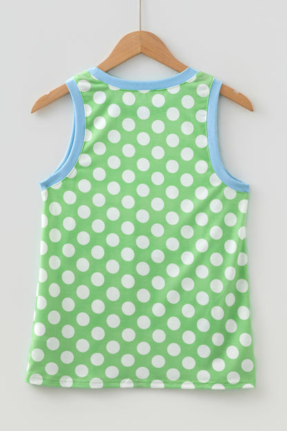 Green Polka Dot Contrast Trim Round Neck Loose Tank Top