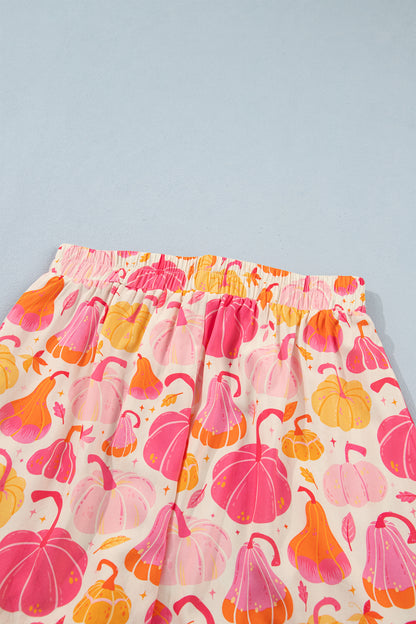 Pink Short Sleeve Pumpkin Print Pocket Placket Shell Button Lounge Set
