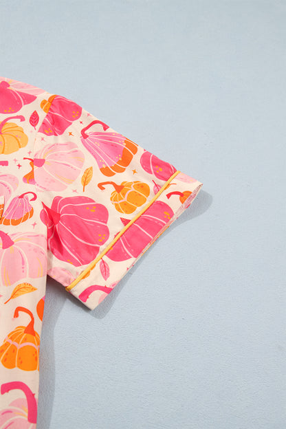 Pink Short Sleeve Pumpkin Print Pocket Placket Shell Button Lounge Set