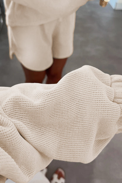 Black Solid Color Textured Knit Drop Shoulder Pullover Drawstring Shorts Set