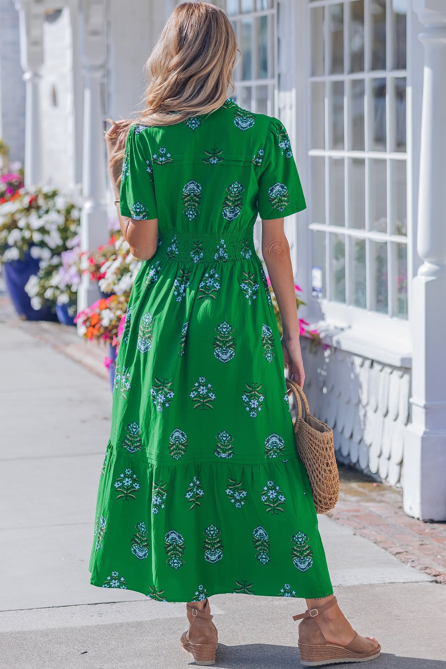Green Floral Print Split Neck Shirred High Waist Ruffle Hem Maxi Dress