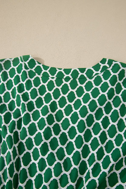 Green Plus Size Geometric Print Pocketed Ruffle Hem Casual Dress