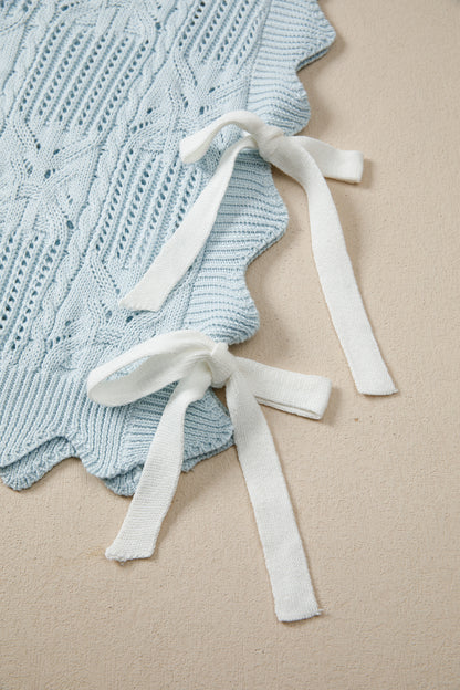 Beau Blue Pointelle Knit Patterned Scalloped Trim Short Sleeve Sweater