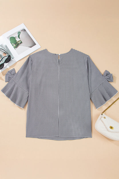 Black Plus Size Plaid Bow Decor Bell Sleeve Round Neck Jumper
