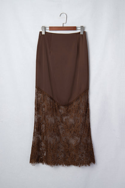 Dark Brown Lace Patchwork Hem Long Casual Shift Skirt