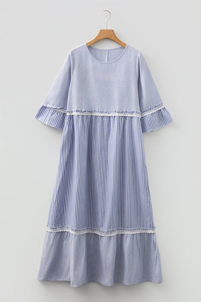 Sky Blue Stripe Patchwork Crossed Lace Detail Bracelet Sleeve Maxi Dress