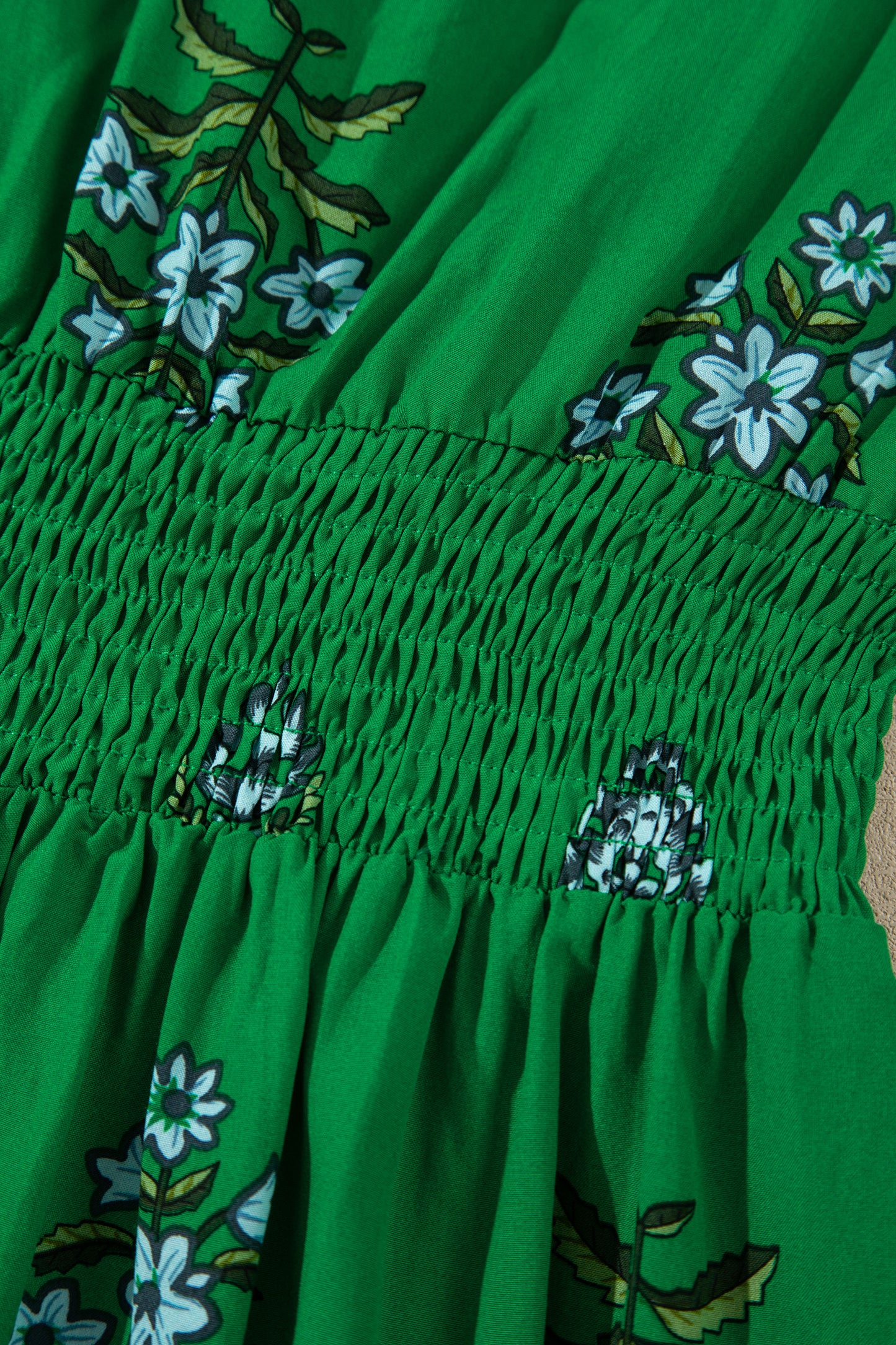 Green Floral Print Split Neck Shirred High Waist Ruffle Hem Maxi Dress