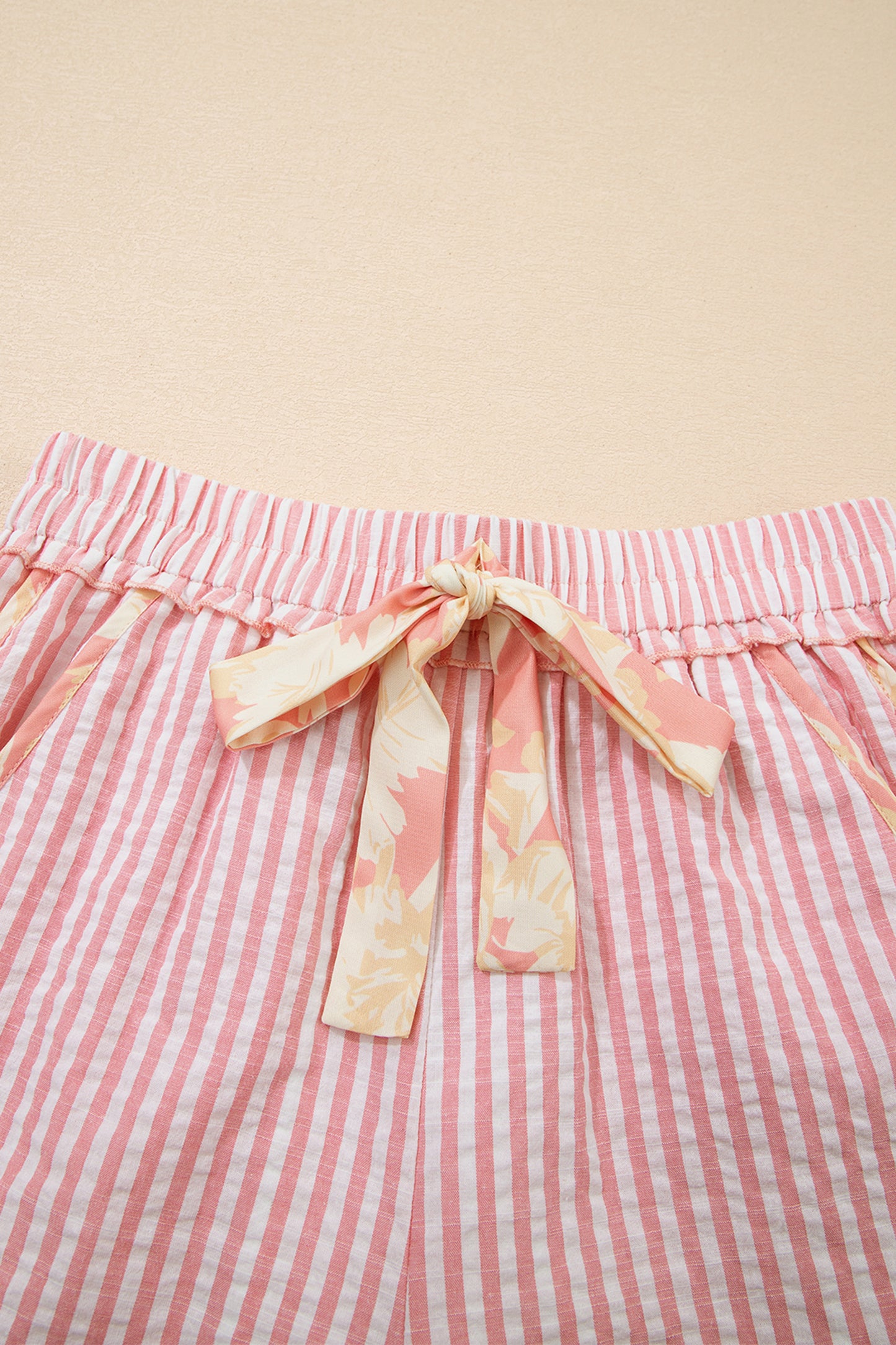 Light Pink Floral Trim Ribbon Knot Striped Casual Shorts