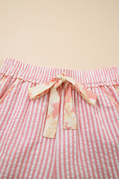 Light Pink Floral Trim Ribbon Knot Striped Casual Shorts