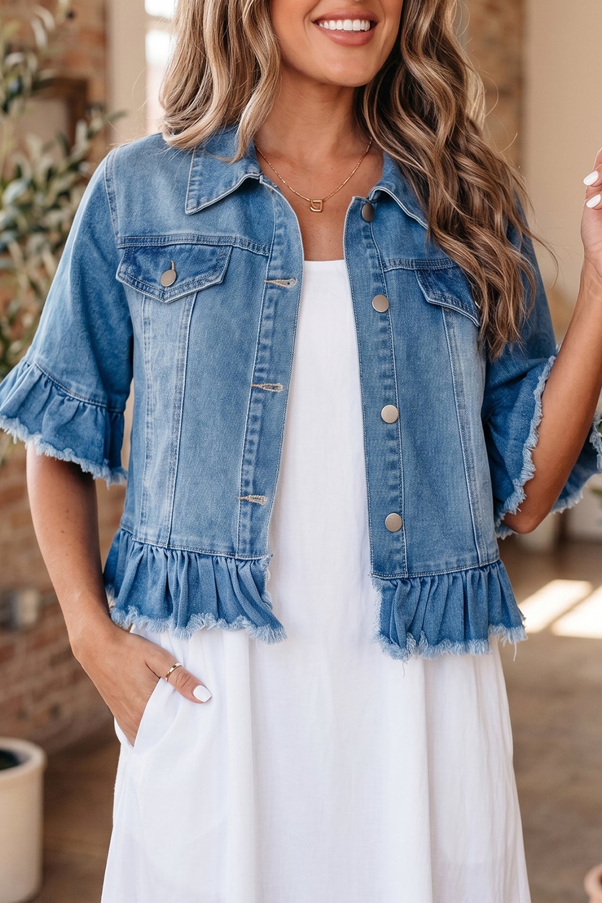 Blue Ruffle Hem Raw Edge Half Sleeve Western Denim Jacket