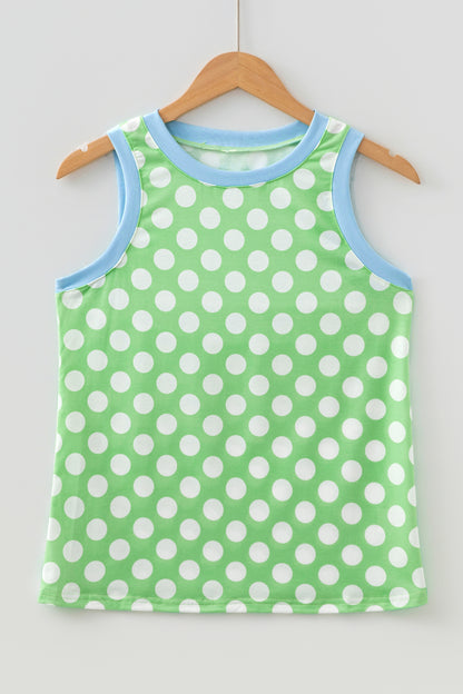 Green Polka Dot Contrast Trim Round Neck Loose Tank Top