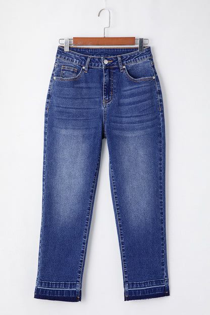 Sky Blue Whiskered Wash Raw Hem Cropped Jeans