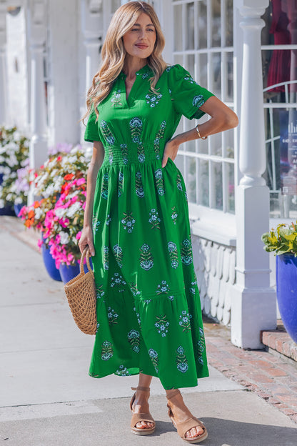 Green Floral Print Split Neck Shirred High Waist Ruffle Hem Maxi Dress