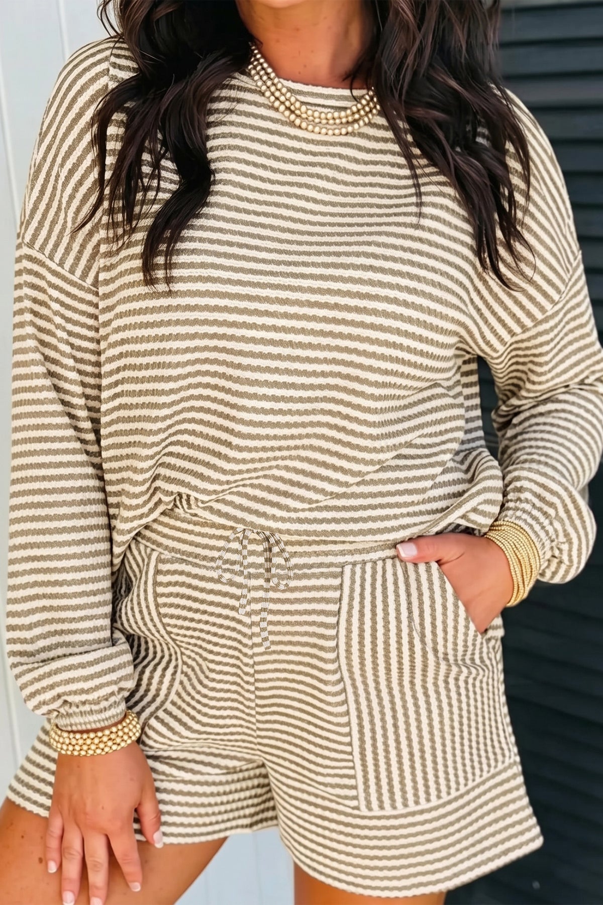 Black Stripe Textured Knit Long Sleeve Top Elastic Waist Shorts Casual Outfit